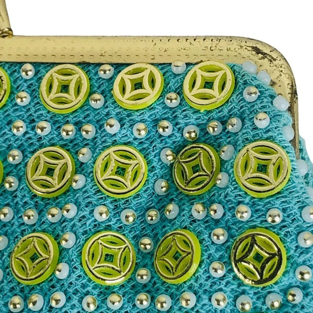 VTG Womens Clutch Purse Beaded Made Hong Kong Kiss Lock Closure Blue Green Small
